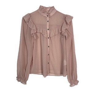 Zara Sheer Blush Swiss Dot Ruffle Button Front Blouse Size Small